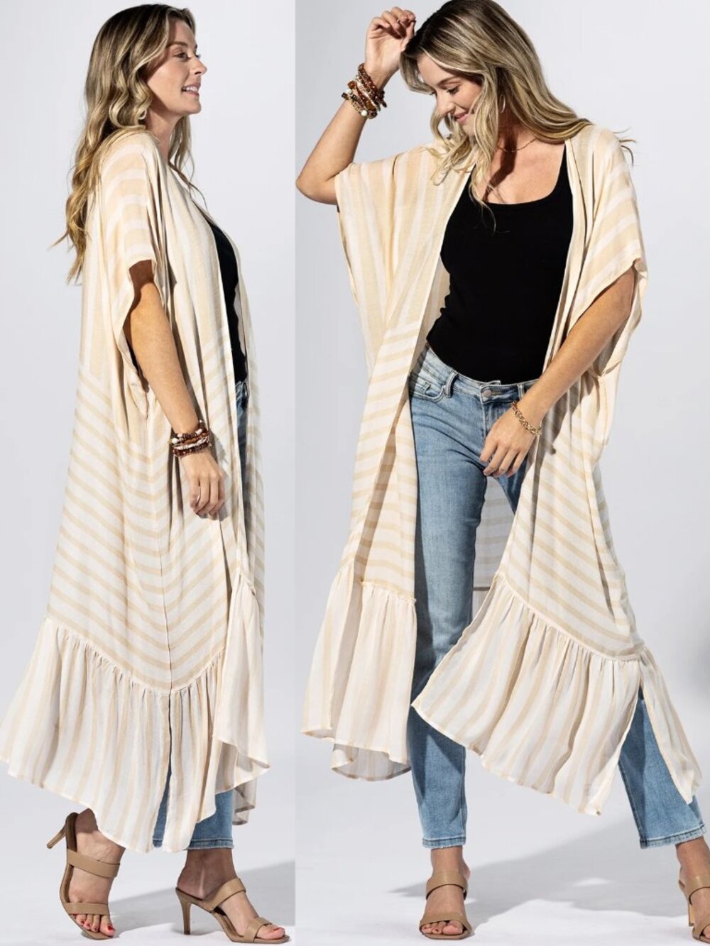 Beige Ivory Stripe Kimono Lightweight Layer Ruffled Hem
